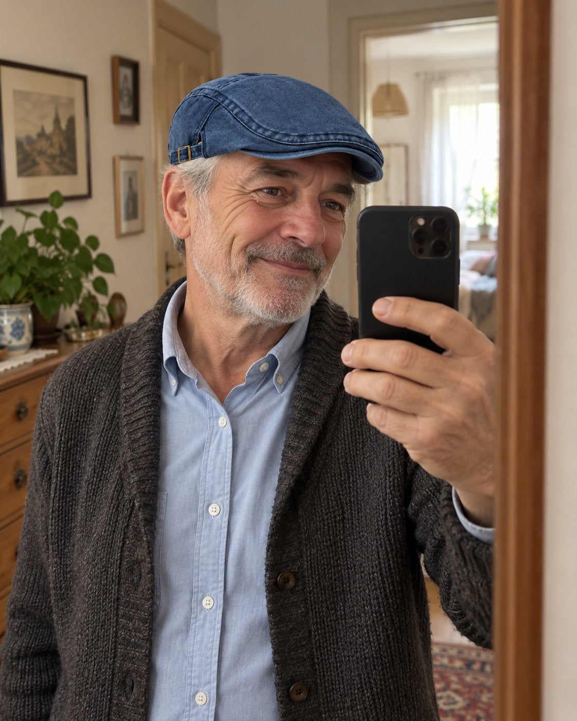 Uśmiechnięty mężczyzna w jeansowym kaszkiecie Dom Wolski robi zdjęcie w lustrze w domu